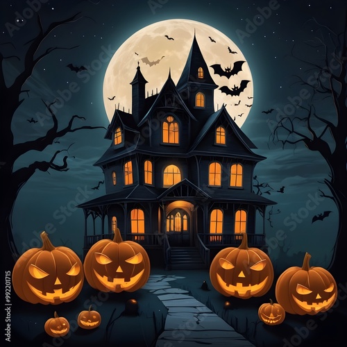 Creepy Haunted House Surrounded by Fog on Halloween Night