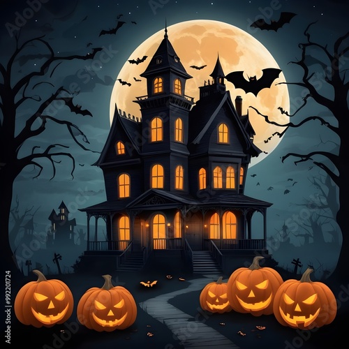 Creepy Haunted House Surrounded by Fog on Halloween Night