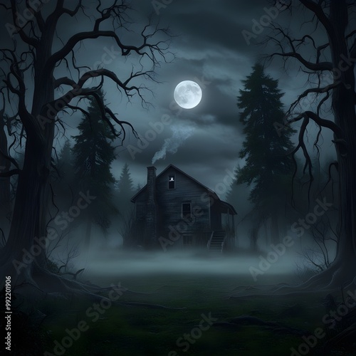 Creepy Haunted House Surrounded by Fog on Halloween Night