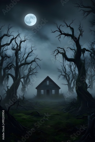 Creepy Haunted House Surrounded by Fog on Halloween Night