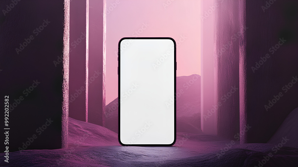 Blank smartphone mockup in a futuristic pink landscape Blank smartphone mockup in a futuristic pink landscape