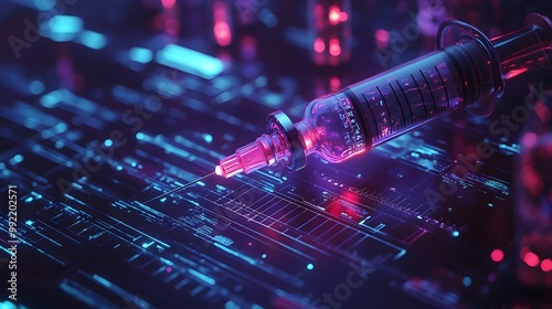 Glowing holographic syringe and vial, augmented reality interface, healthcare worker interacting, futuristic medical lab, neon blue and purple hues, cyberpunk