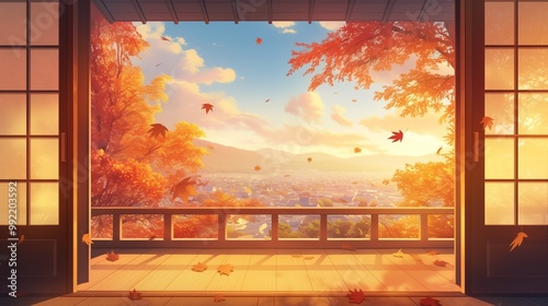 旅館の窓から見える秋の風景