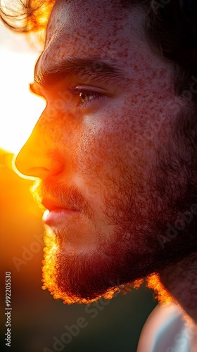 Close-up of Man's Face with Rosacea in Golden Sunlight.