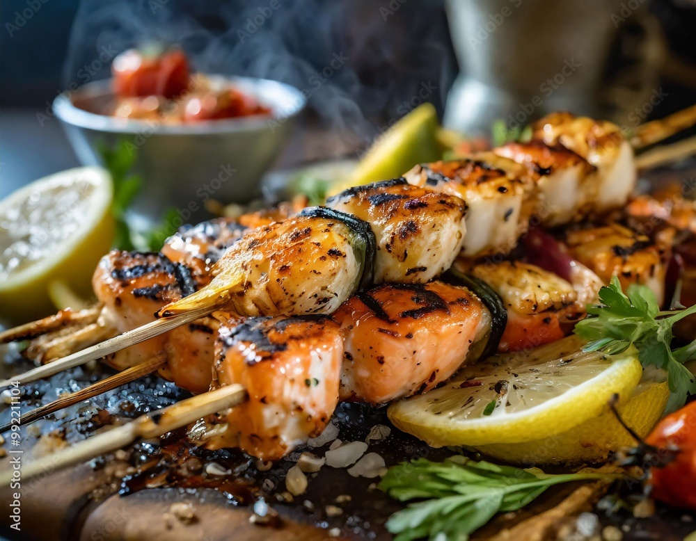 Grilled seafood skewers with depth of field highlighting charred edges and tender fish Grilled seafood skewers with depth of field highlighting charred edges and tender fish