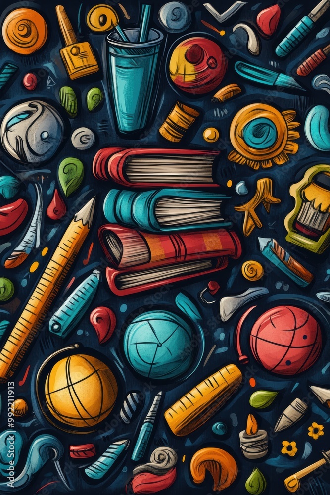 Obraz premium school supplies doodles, doodle illustration background with school items like books, pencils, rulers, and globes in vibrant colors for a study theme