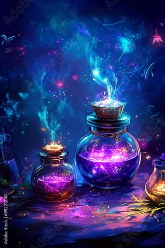 Colorful glowing potions in decorative glass jars on a mystical background