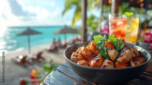 Langsat fruit salad grilled chicken fresh herb served vibrant bowl tropical restaurant beach umbrella colorful drinks blurred behind promoting balanced healthy meal Scientific name Lansium parasiticum photo