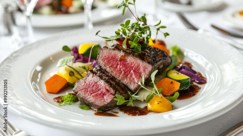 A gourmet dish featuring perfectly cooked rare steak, accompanied by vibrant, fresh vegetables and topped with delicate herbs, plated elegantly and appetizingly. A gourmet dish featuring perfectly cooked rare steak, accompanied by vibrant, fresh vegetables and topped with delicate herbs, plated elegantly and appetizingly.