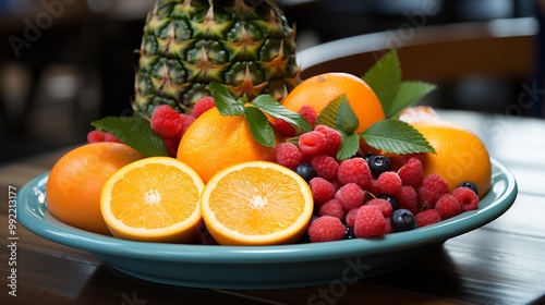 Langsat fruits displayed colorful ceramic plate beachside caf brightly colored umbrellas ocean waves softly blurred background highlighting fruits tropical charm Scientific name Lansium parasiticum