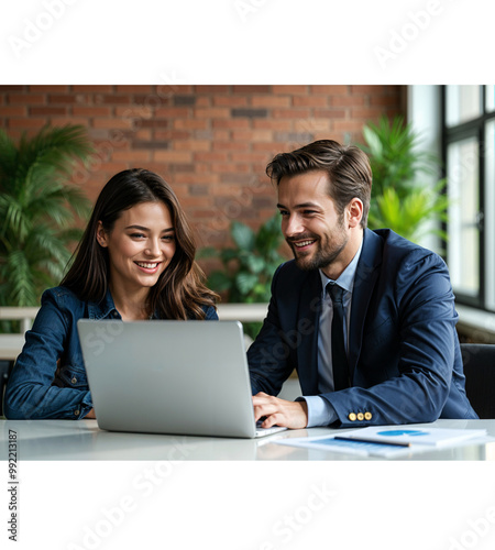 Diverse colleagues brainstorm ideas for a new project at a friendly atmosphere meeting outside of the office. Two busy happy professional man and woman using laptop discuss the project.  photo