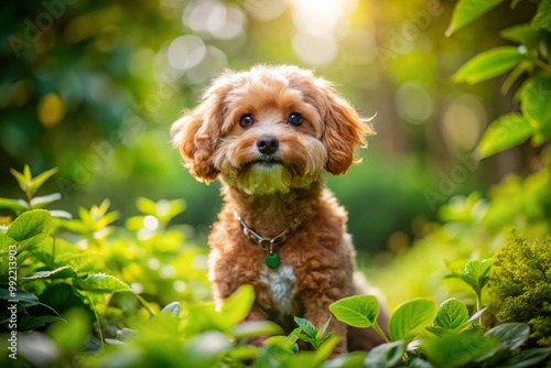 Adorable Mini Woodle Dog in a Cozy Outdoor Setting Surrounded by Greenery and Natural Light photo