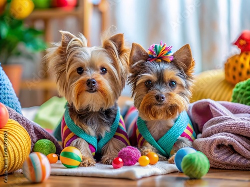 Adorable Miniature Yorkies Playing Together in a Cozy Indoor Setting with Colorful Toys and Blankets photo