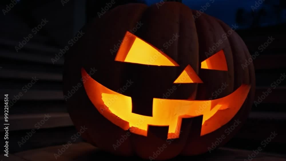 A carved pumpkin with a mischievous grin glows warmly on wooden steps, surrounded by autumn foliage in the evening light. A carved pumpkin with a mischievous grin glows warmly on wooden steps, surrounded by autumn foliage in the evening light.
