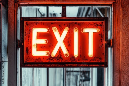 Wallpaper Mural A glowing red exit sign with bold white lettering, encased in a weathered metallic frame. The image highlights the importance of emergency exits in buildings. Torontodigital.ca