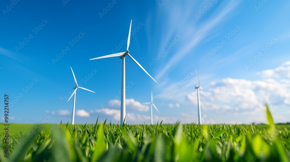 A wind farm with four wind turbines in a field A wind farm with four wind turbines in a field