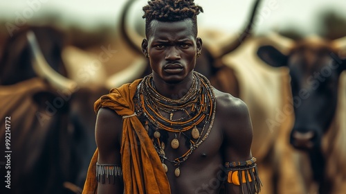 A striking portrait of a man adorned with traditional jewelry and attire, standing in front of cattle, capturing cultural heritage and resilience.