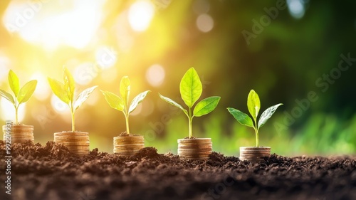 A row of plants with coins in the ground