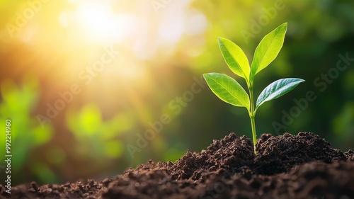 A small green plant is growing in the dirt