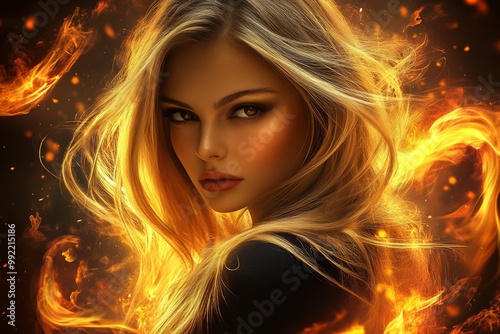 A captivating portrait of a beautiful blonde woman enveloped by swirling, vibrant flames, exuding mystery and power amidst a dramatic, fiery background.