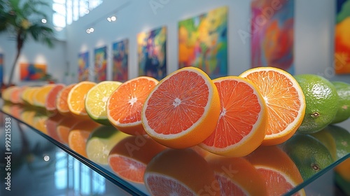 Limes arranged reflective glass table a modern art museum with abstract sculptures and colorful paintings in the background blending nature with contemporary art Scientific name Citrus aurantiifolia photo