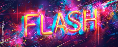 Bright pop art background with "FLASH" inside. Neon colors, Dynamic shapes, Modern vector art