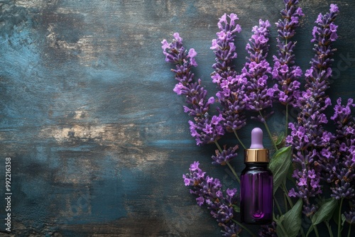 holistic health concept banner featuring lavender essential oil dropper bottle with purple flowers on rustic wooden surface photo