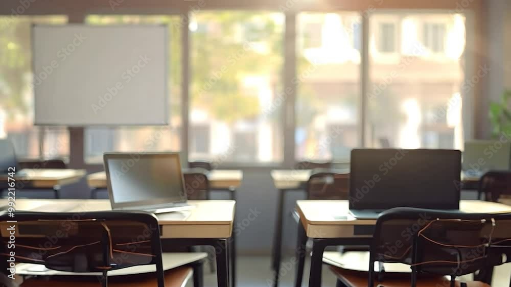 Slow motion video of sunlight streaming into empty classroom with desks and chairs stock footage for educational projects Slow motion video of sunlight streaming into empty classroom with desks and chairs stock footage for educational projects