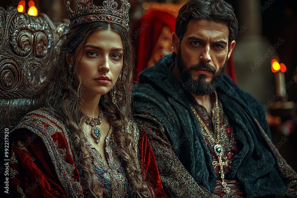 Fototapeta premium A royal couple in lavish medieval attire sits solemnly on an intricately carved wooden throne, exuding power and authority amid a candle-lit setting.