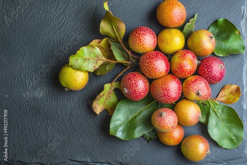 Fresh Red and Yellow Irvingia malayana with Green Leaves on Black Slate photo