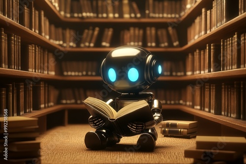 A small robot with glowing blue eyes sits on the floor surrounded by bookshelves and reads a book in a library, capturing a blend of technology and knowledge.