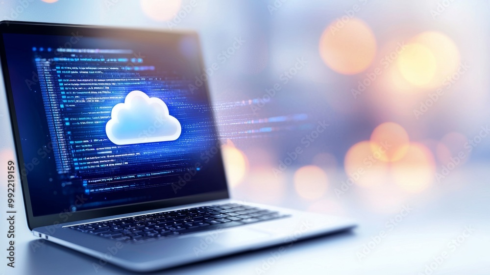 A laptop screen shows a cloud with a blue border A laptop screen shows a cloud with a blue border