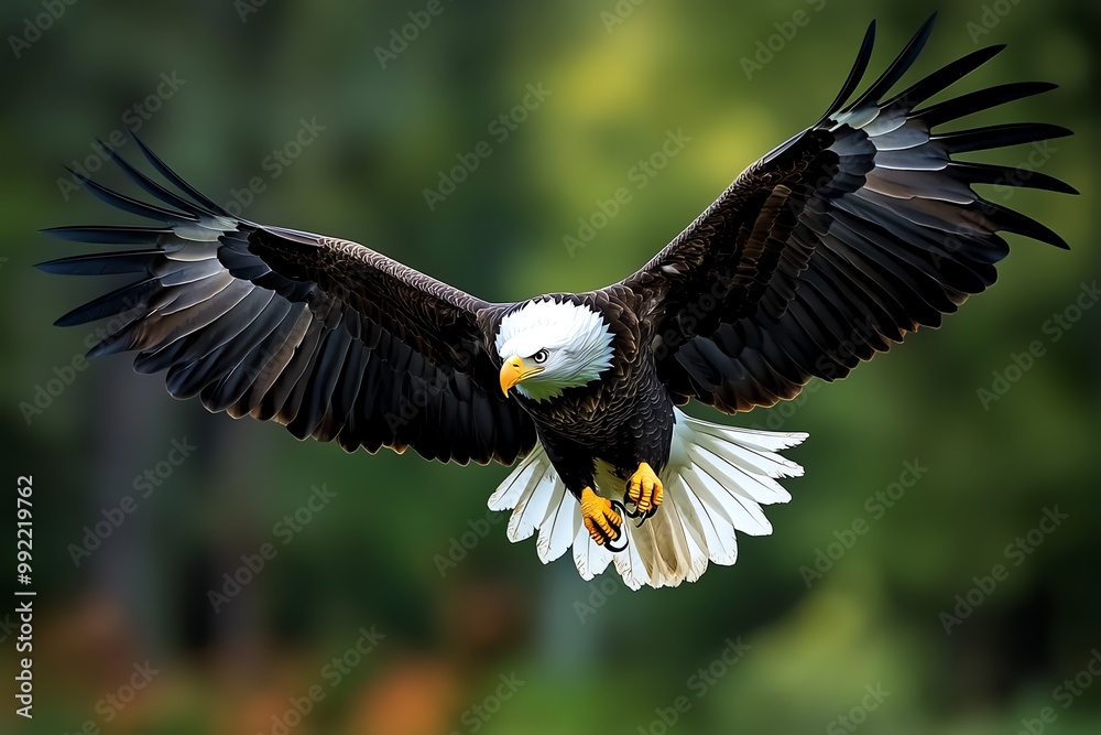 A bald eagle soaring over a forest, its wings spread wide and its sharp eyes scanning the ground below for prey A bald eagle soaring over a forest, its wings spread wide and its sharp eyes scanning the ground below for prey