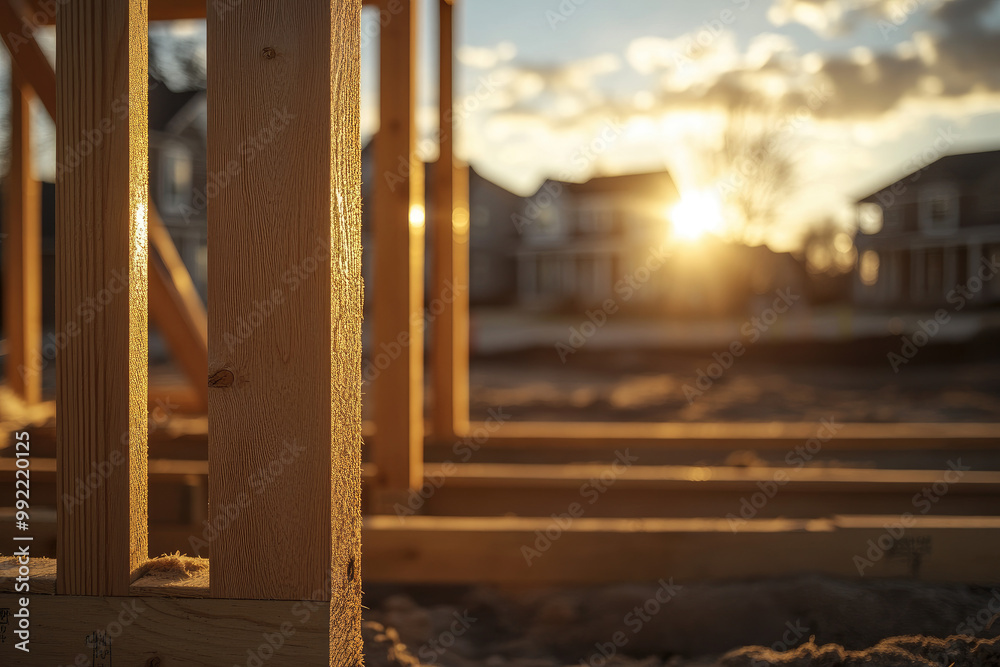 Fototapeta premium a construction site for wooden frame houses, showing frames and beams being assembled in front of an unfinished house under the setting sun.