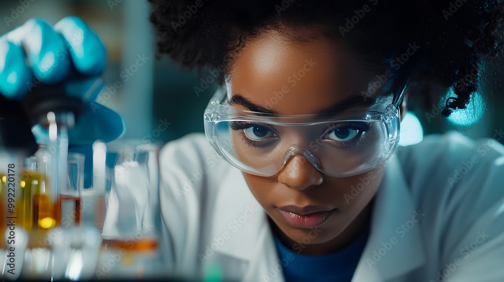 Close-up of a Female Scientist in a Lab Coat Conducting an Experiment Close-up of a Female Scientist in a Lab Coat Conducting an Experiment