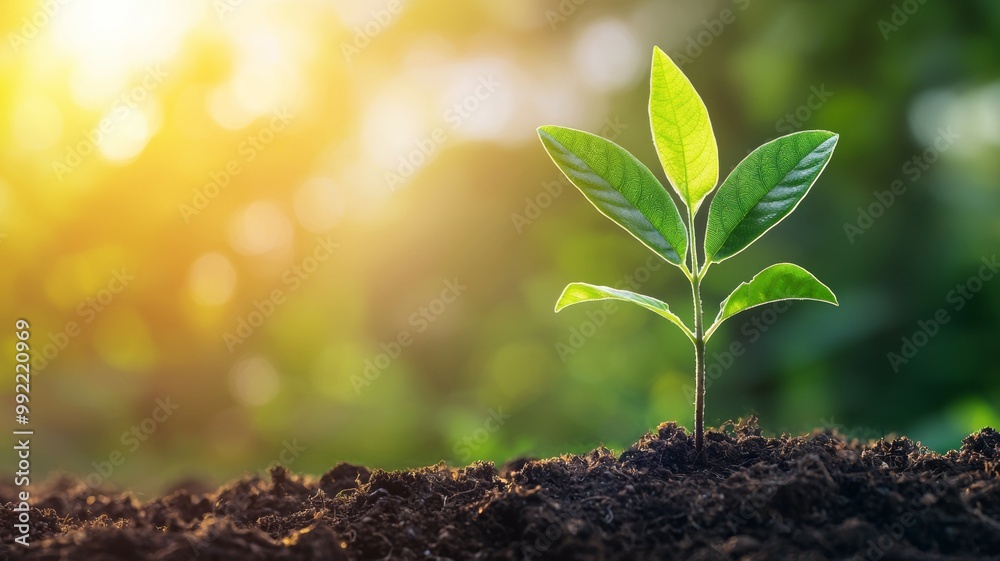 A small green plant is growing in the dirt
