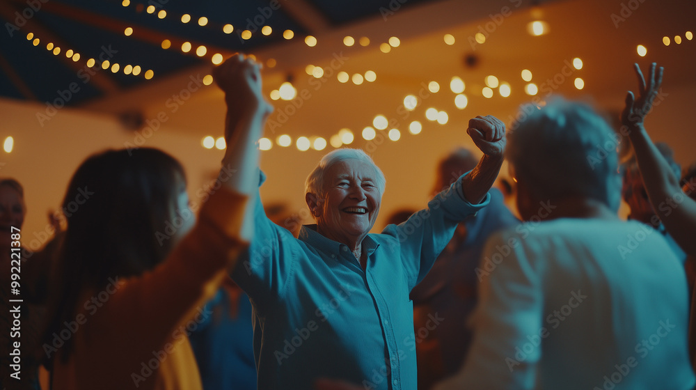 Fototapeta premium Elderly Group Dancing and Celebrating Under Festoon Lighting