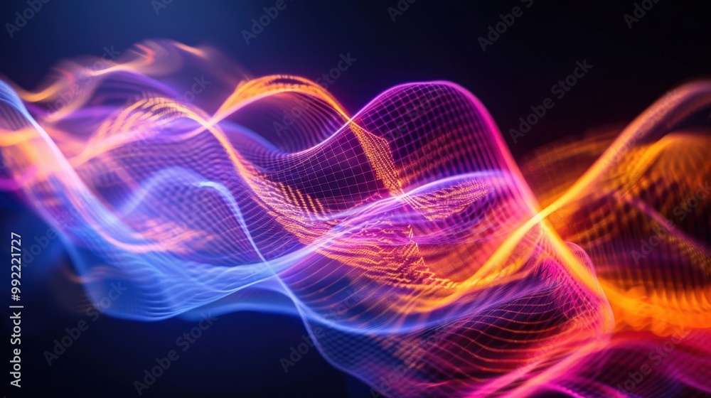 Fototapeta premium Abstract laser light lines forming dynamic wave patterns on a black backdrop, adding intensity to the visual