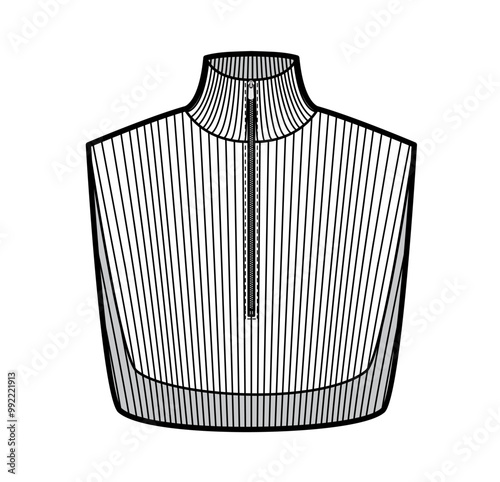Add-on Knit Collars detachable accessories with zipper fastening Turtleneck Sweater part technical fashion illustration sleeveless. Flat jumper apparel front grey color style. Women men unisex mockup