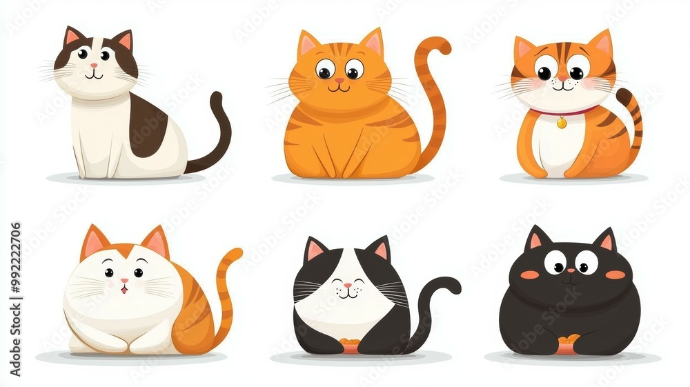 A set of six cartoon cats with different colors and sizes A set of six cartoon cats with different colors and sizes