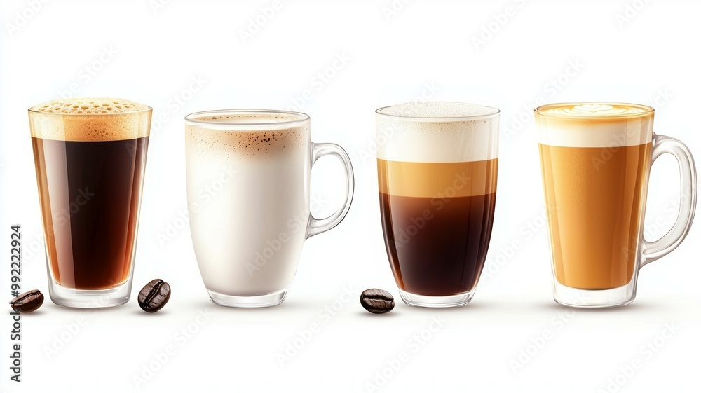 Four different coffee cups with different colors and sizes Four different coffee cups with different colors and sizes