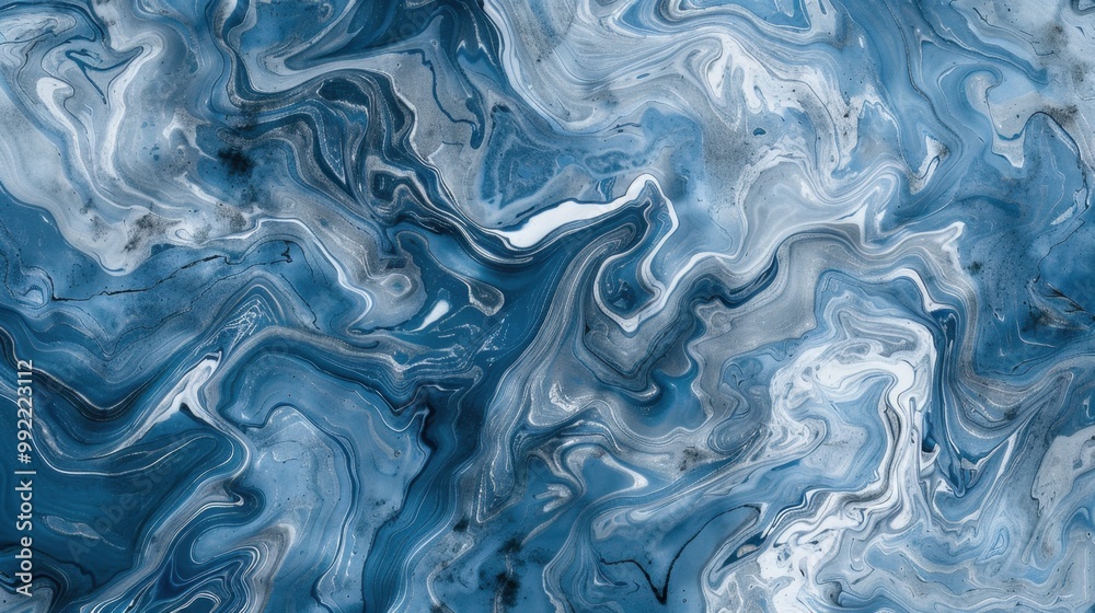 An abstract pattern of blue marble with swirls of white and grey, creating a calming and serene background An abstract pattern of blue marble with swirls of white and grey, creating a calming and serene background