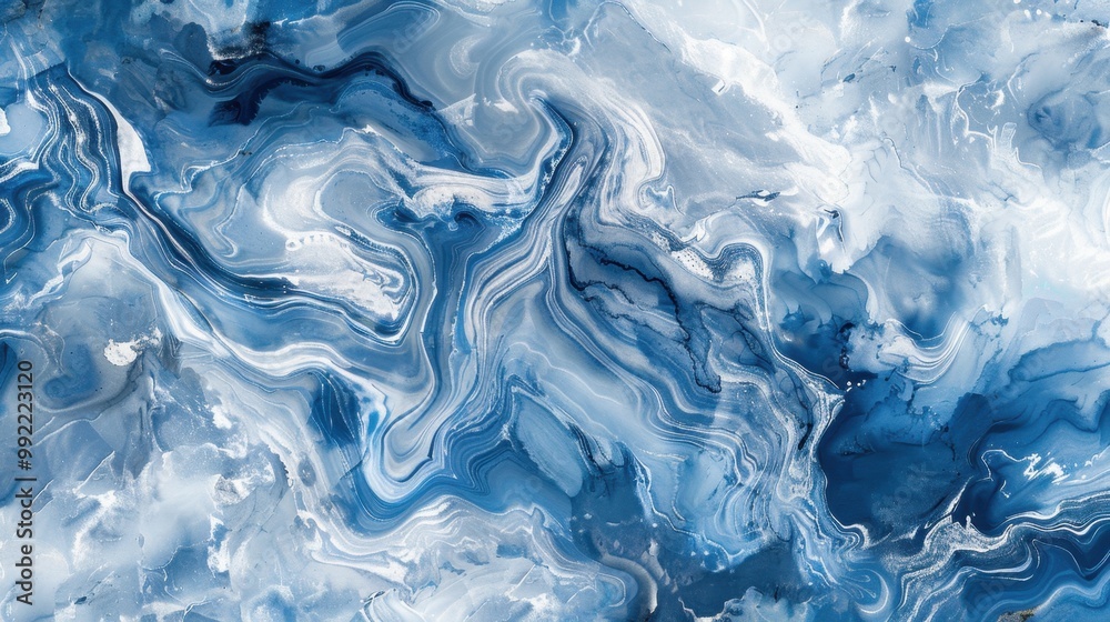 An abstract pattern of blue marble with swirls of white and grey, creating a calming and serene background An abstract pattern of blue marble with swirls of white and grey, creating a calming and serene background