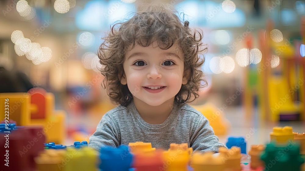 A Smiling Toddler Playing with Colorful Building Blocks A Smiling Toddler Playing with Colorful Building Blocks