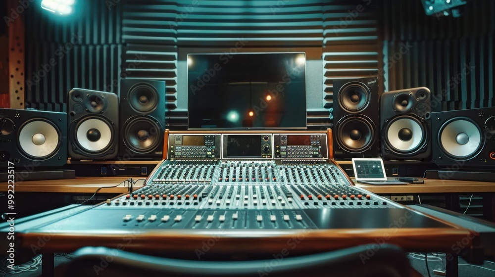 An empty sound studio with large speakers, a mixing console, and a laptop ready for audio production An empty sound studio with large speakers, a mixing console, and a laptop ready for audio production