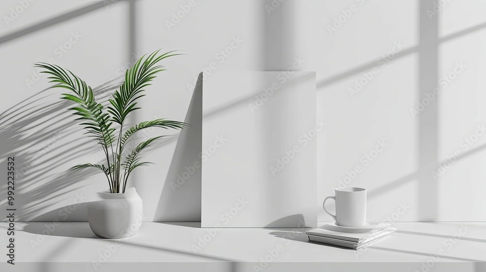 Minimalist Still Life with Palm Plant, Blank Canvas, and Coffee Mug Minimalist Still Life with Palm Plant, Blank Canvas, and Coffee Mug