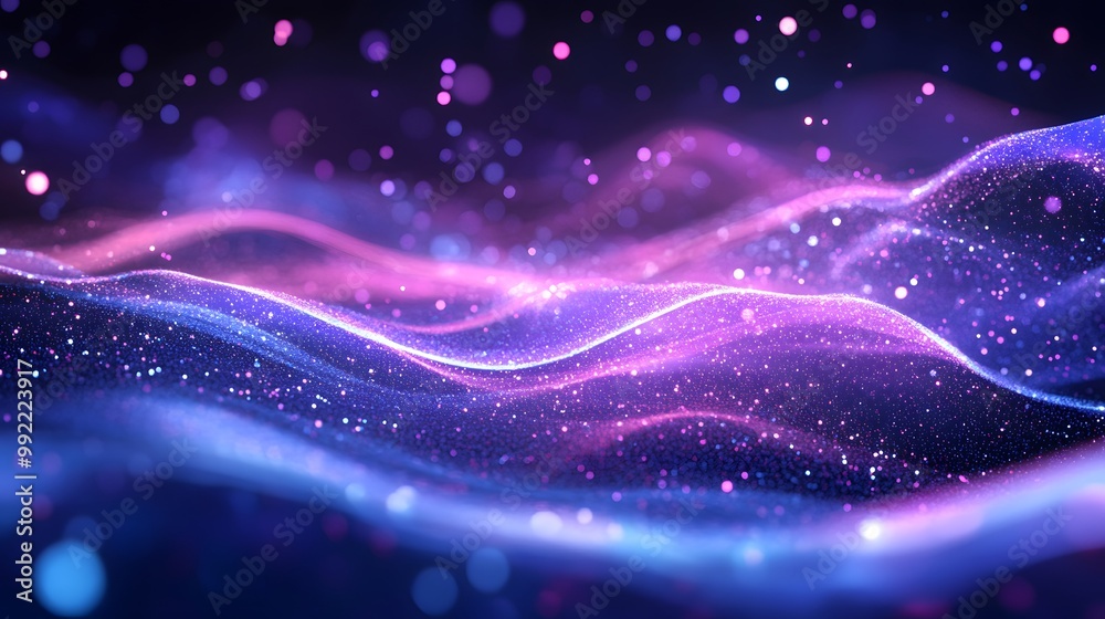Fototapeta premium Abstract Glittering Purple and Blue Waves with Bokeh Lights