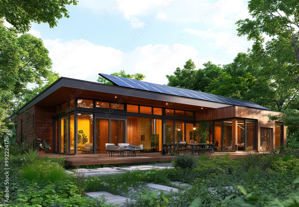 A modern home with solar panels on the roof, surrounded by lush greenery and trees A modern home with solar panels on the roof, surrounded by lush greenery and trees