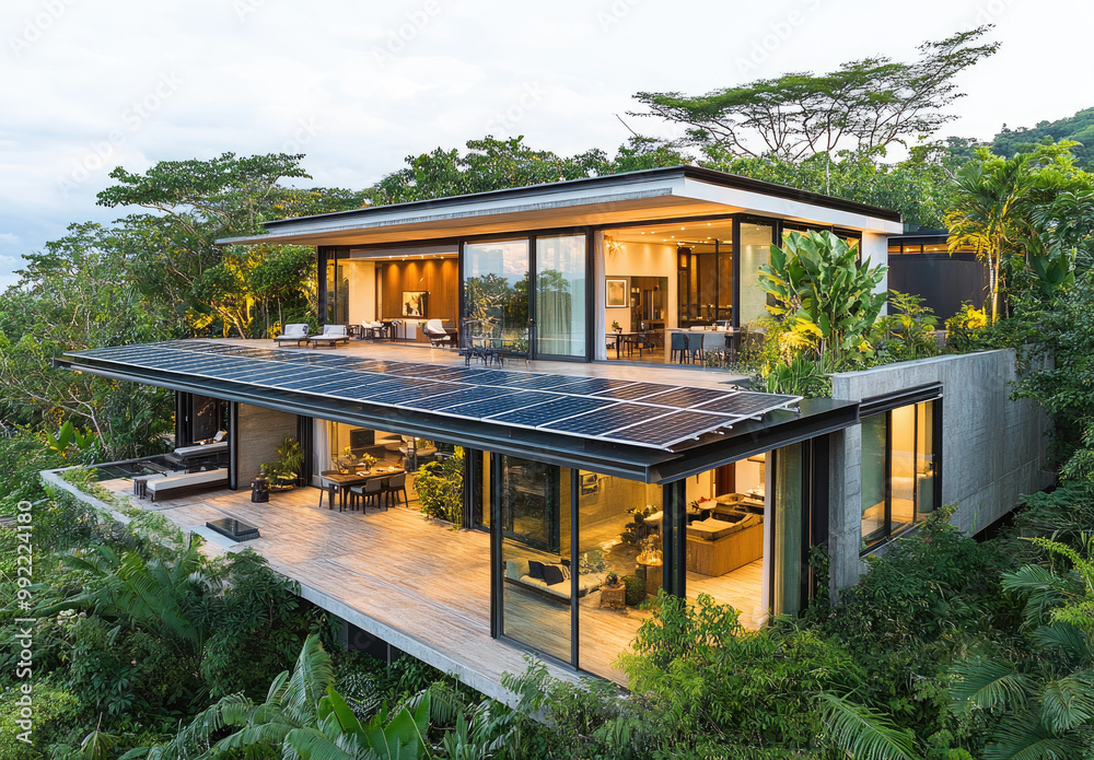 A modern home with solar panels on the roof, surrounded by lush greenery and trees A modern home with solar panels on the roof, surrounded by lush greenery and trees