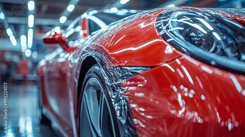Red Sports Car with Protective Film and Bokeh Lights